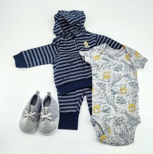 Striped Navy and Gray Hoodie And Pants With Grey Onesi Shirt And A Pair Of Shoes